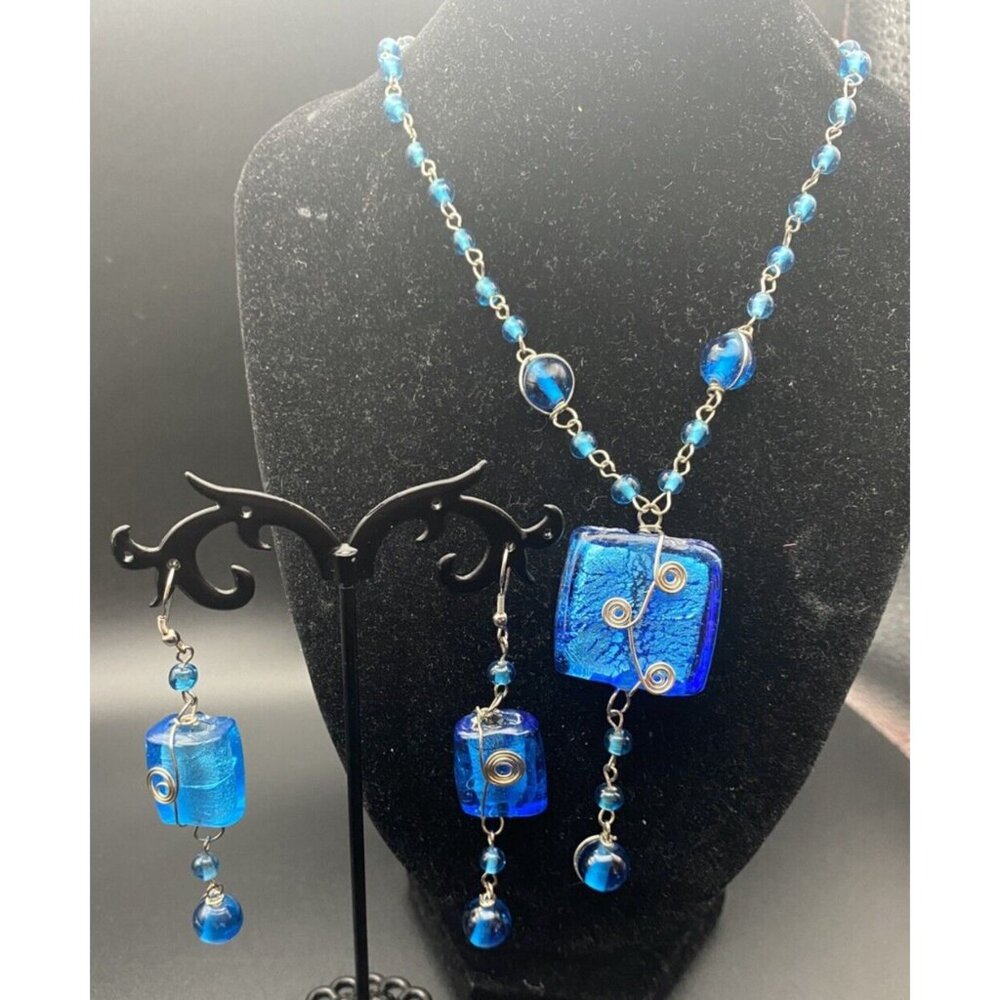 Chunky Necklace & Earrings Blue/Silver Foil Lined Rectangle Glass Bead Wire Wrap - Picture 3 of 9
